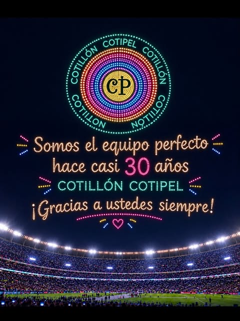 Cartel de Cotillón Cotipel con luces de colores: Somos el equipo perfecto hace casi 30 años, gracias a ustedes siempre